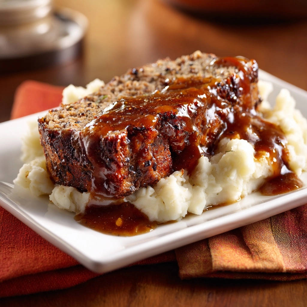 Classic homestyle meatloaf with mushroom gravy served over mashed potatoes on a white plate.