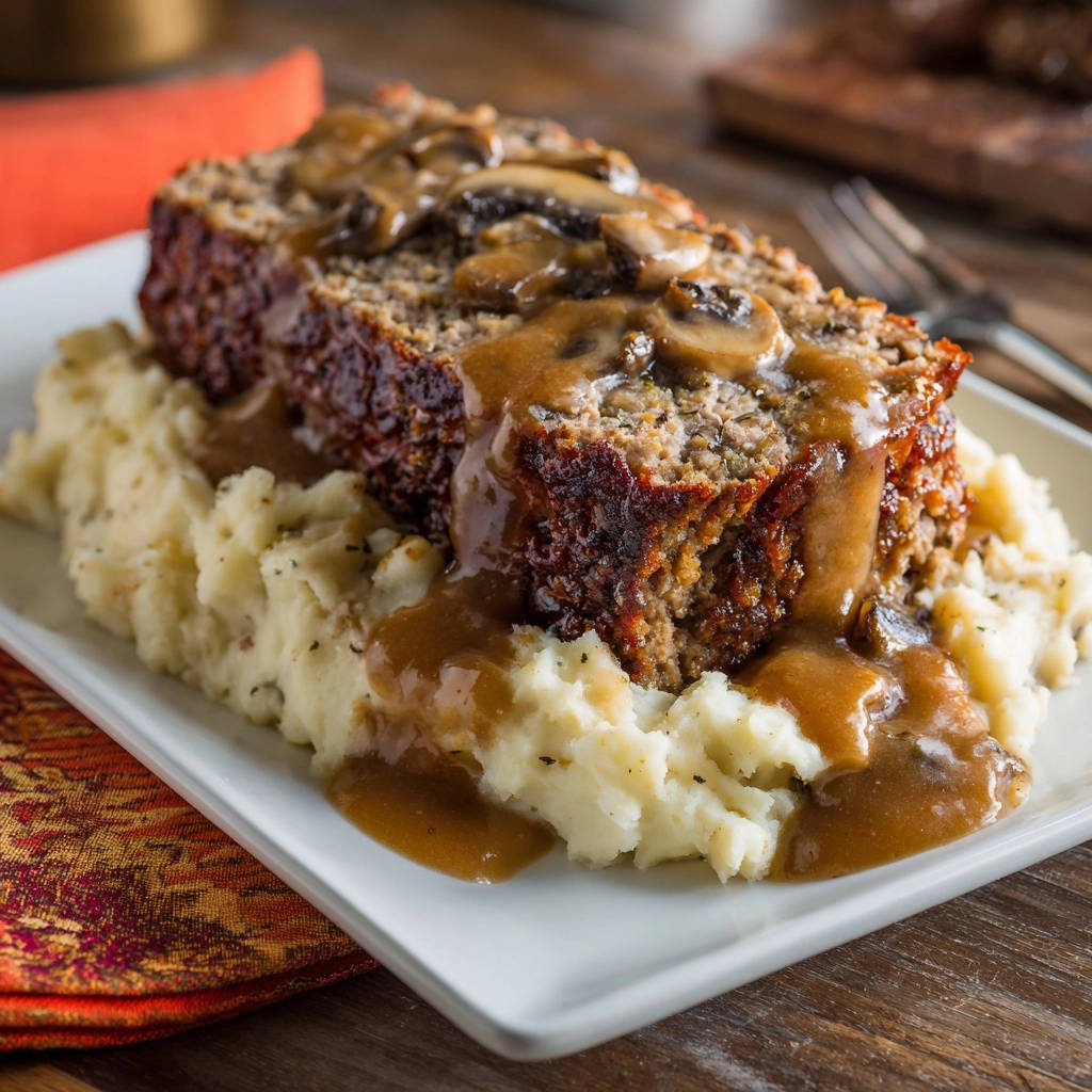 Classic homestyle meatloaf with mushroom gravy, served plated with a close-up view of a moist slice.