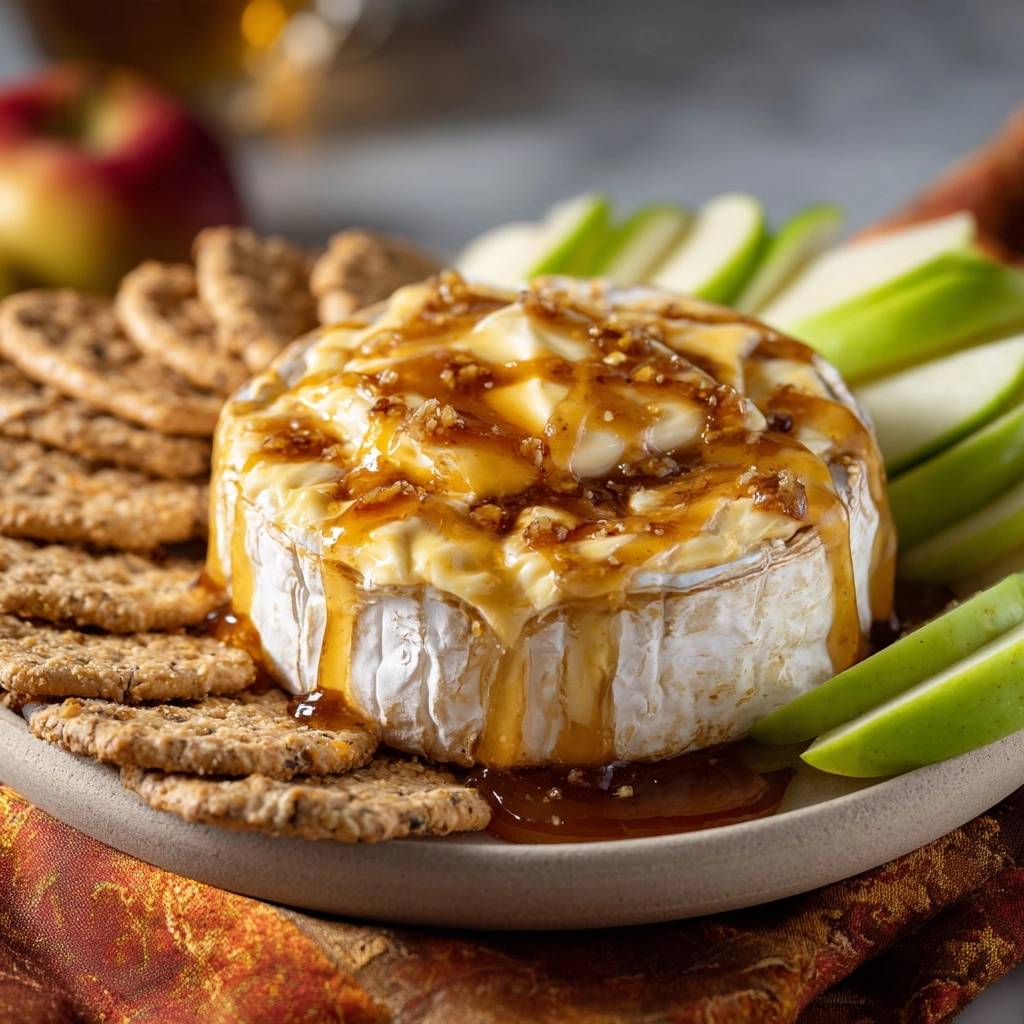 Honey Walnut Baked Brie, a warm wheel of cheese generously drizzled with a sticky honey-walnut glaze.