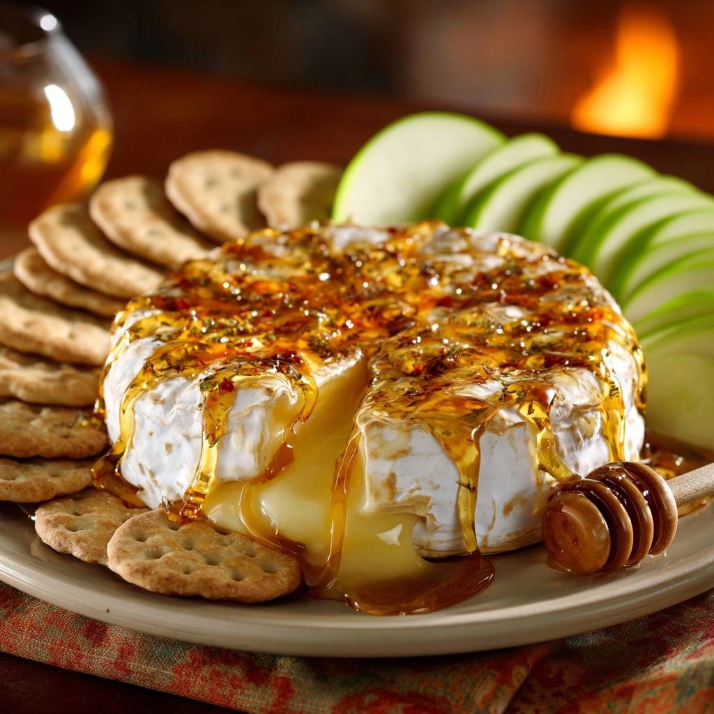 Honey walnut baked brie with a generous drizzle of golden honey and a honey dipper.