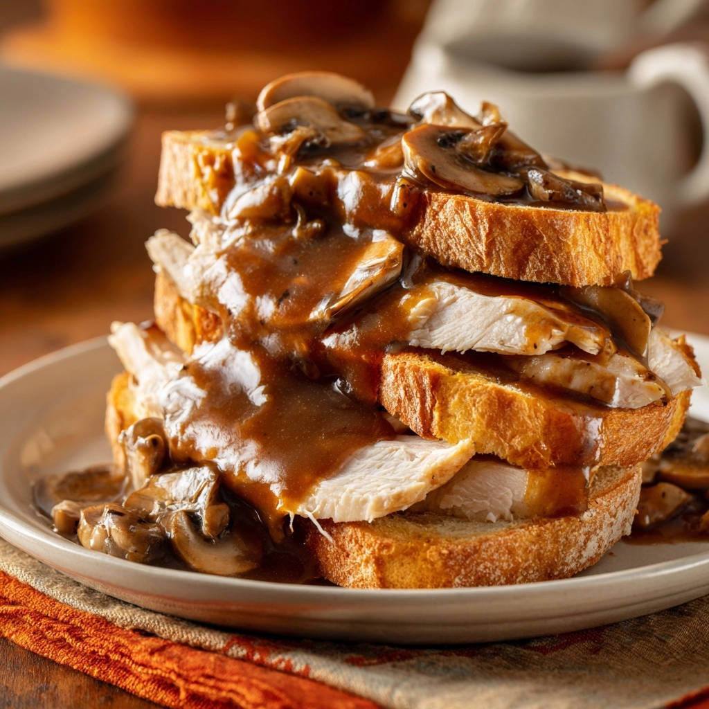 Classic hot turkey sandwich stacked high with sliced turkey and rich gravy, topped with mushrooms.