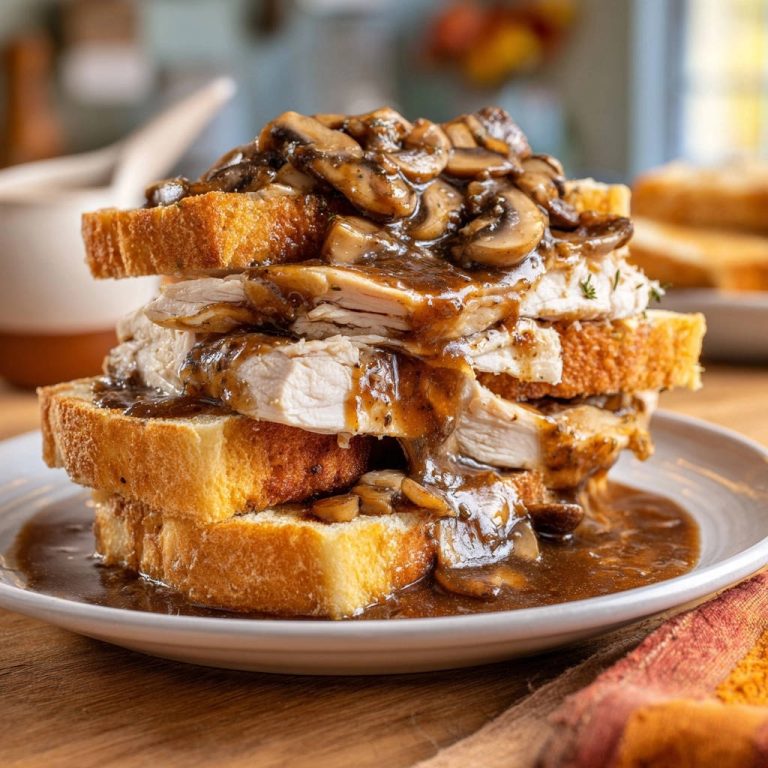 Classic hot turkey sandwich stacked high with sliced turkey and rich mushroom gravy on toasted bread.
