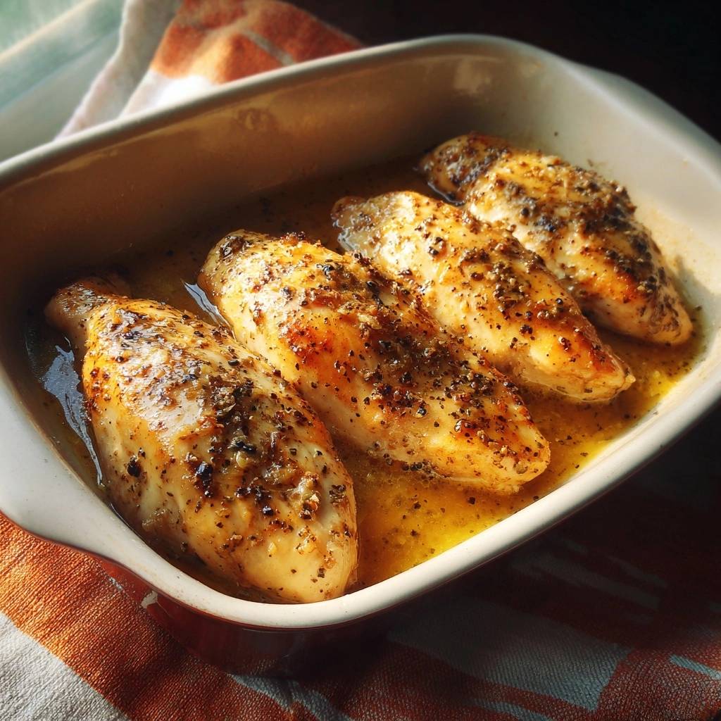 Juicy buttered pepper chicken breasts in a baking dish, seasoned with cracked pepper and herbs.