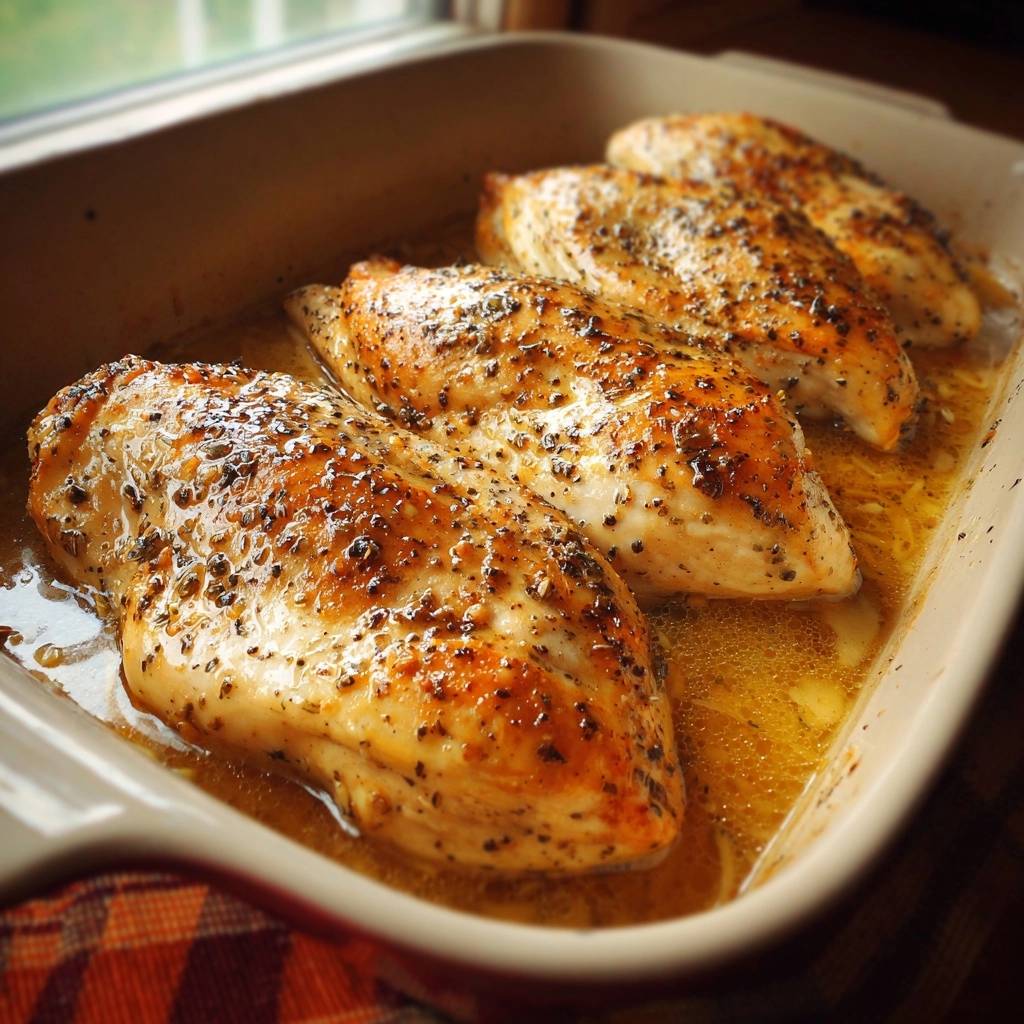 Juicy herb baked chicken breasts glistening in a baking dish, seasoned with herbs and spices.