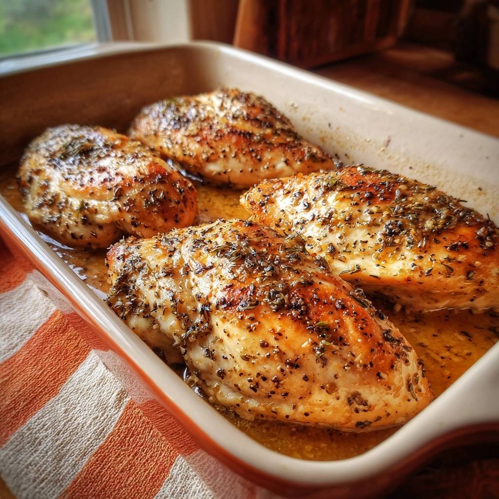 Juicy herb baked chicken breasts in a baking dish, seasoned with herbs and spices.