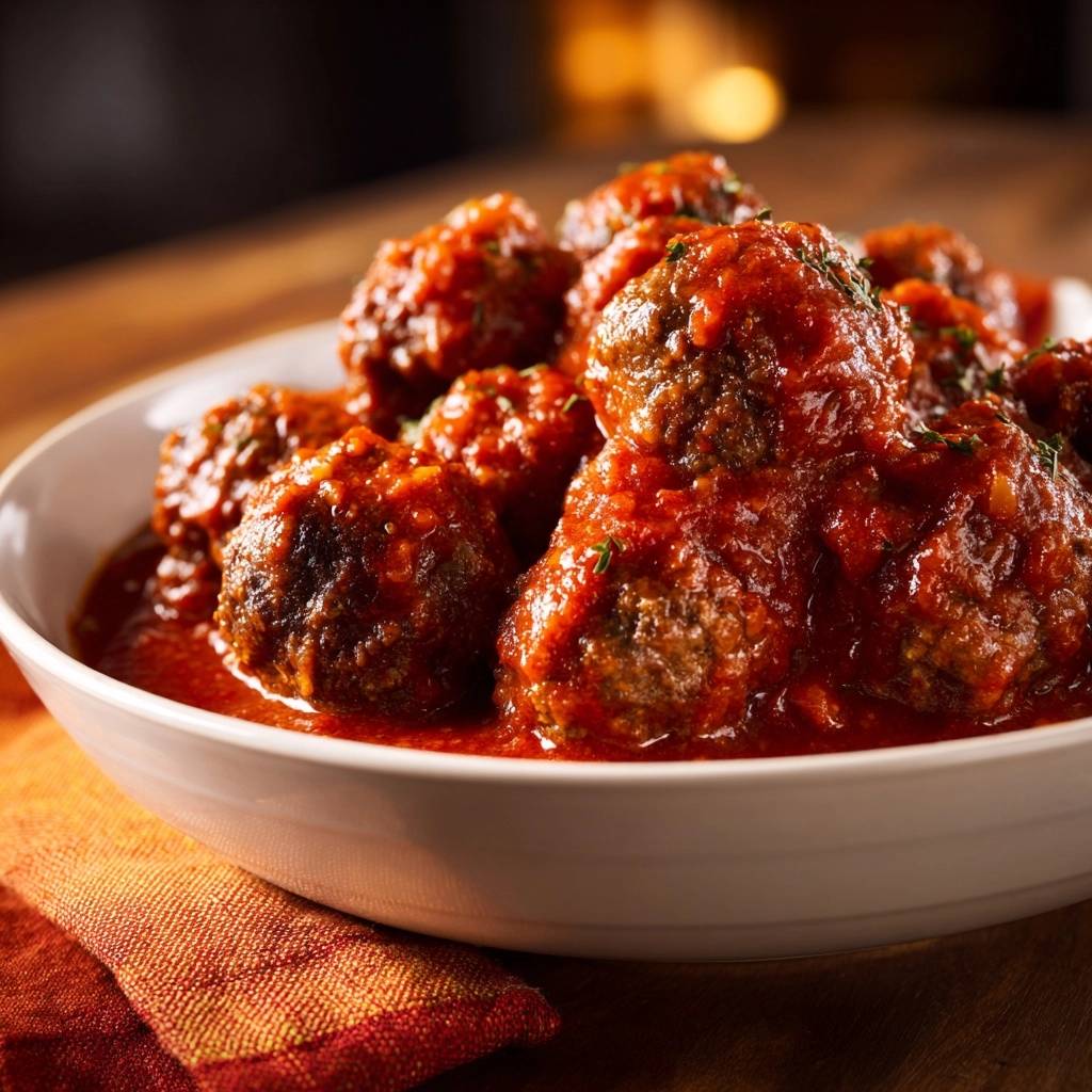 Juicy Italian meatballs in tomato sauce, a close-up view of tender meatballs nestled in a white bowl with rich sauce.