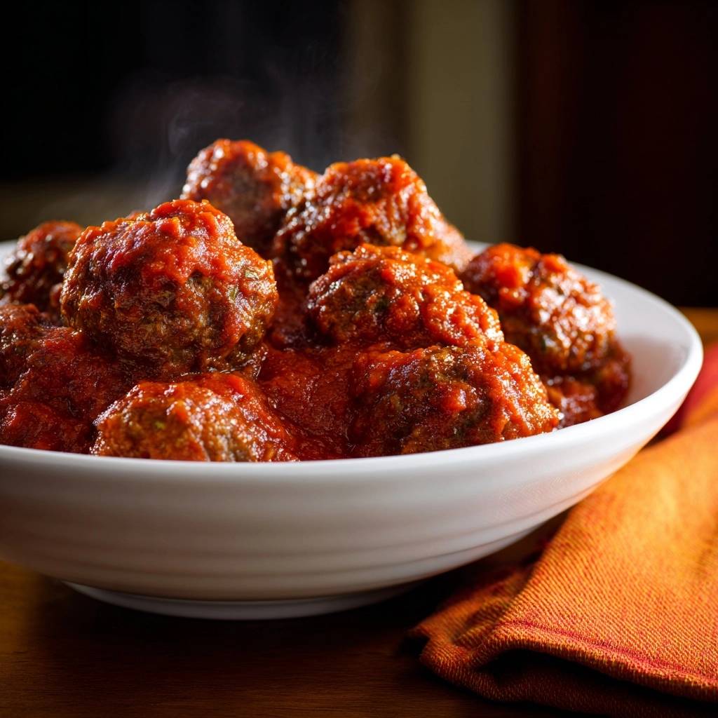 Juicy Italian meatballs in tomato sauce, shown steaming in a white bowl with a close-up view.
