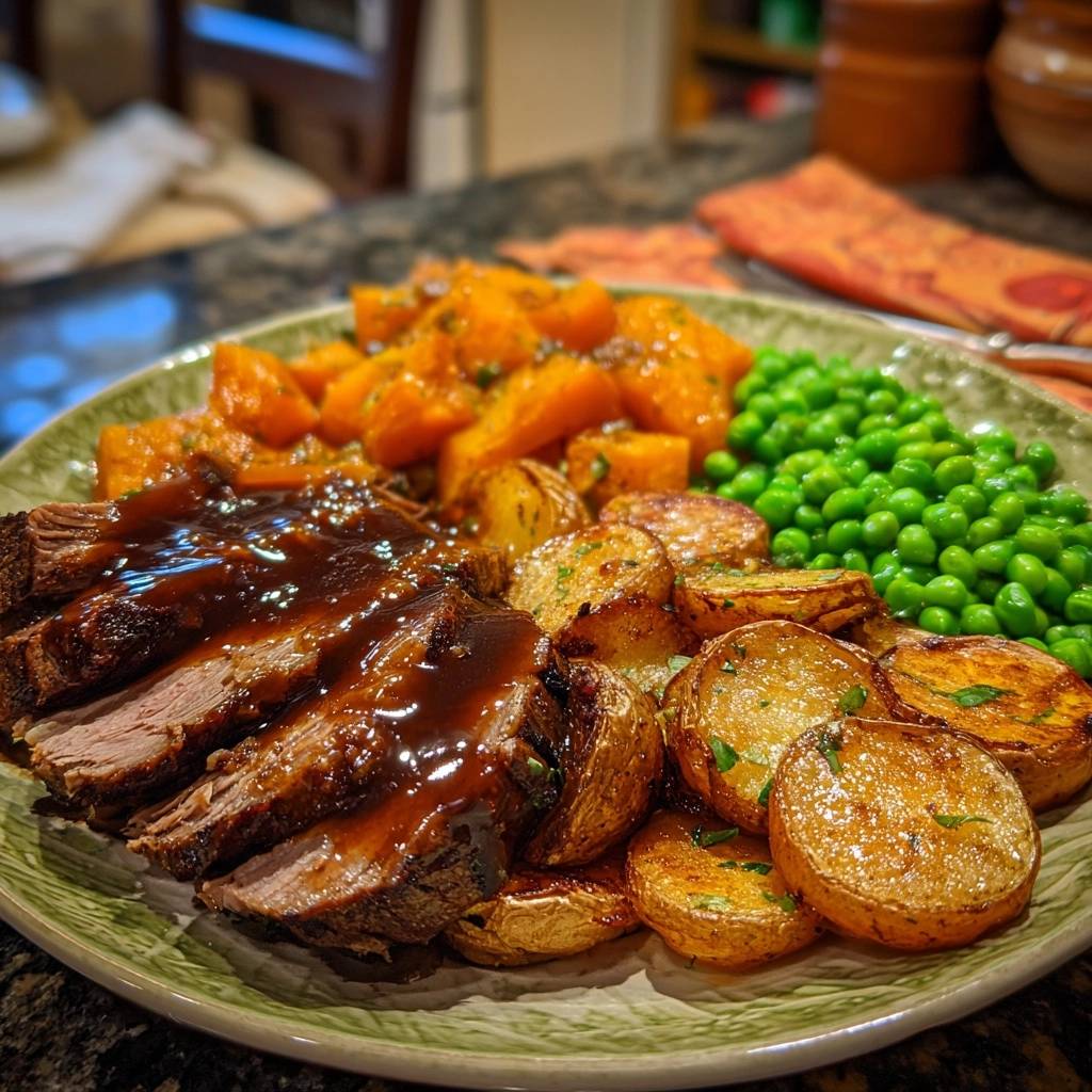 Juicy roast beef dinner, sliced and served with roasted potatoes, peas, and glazed carrots.