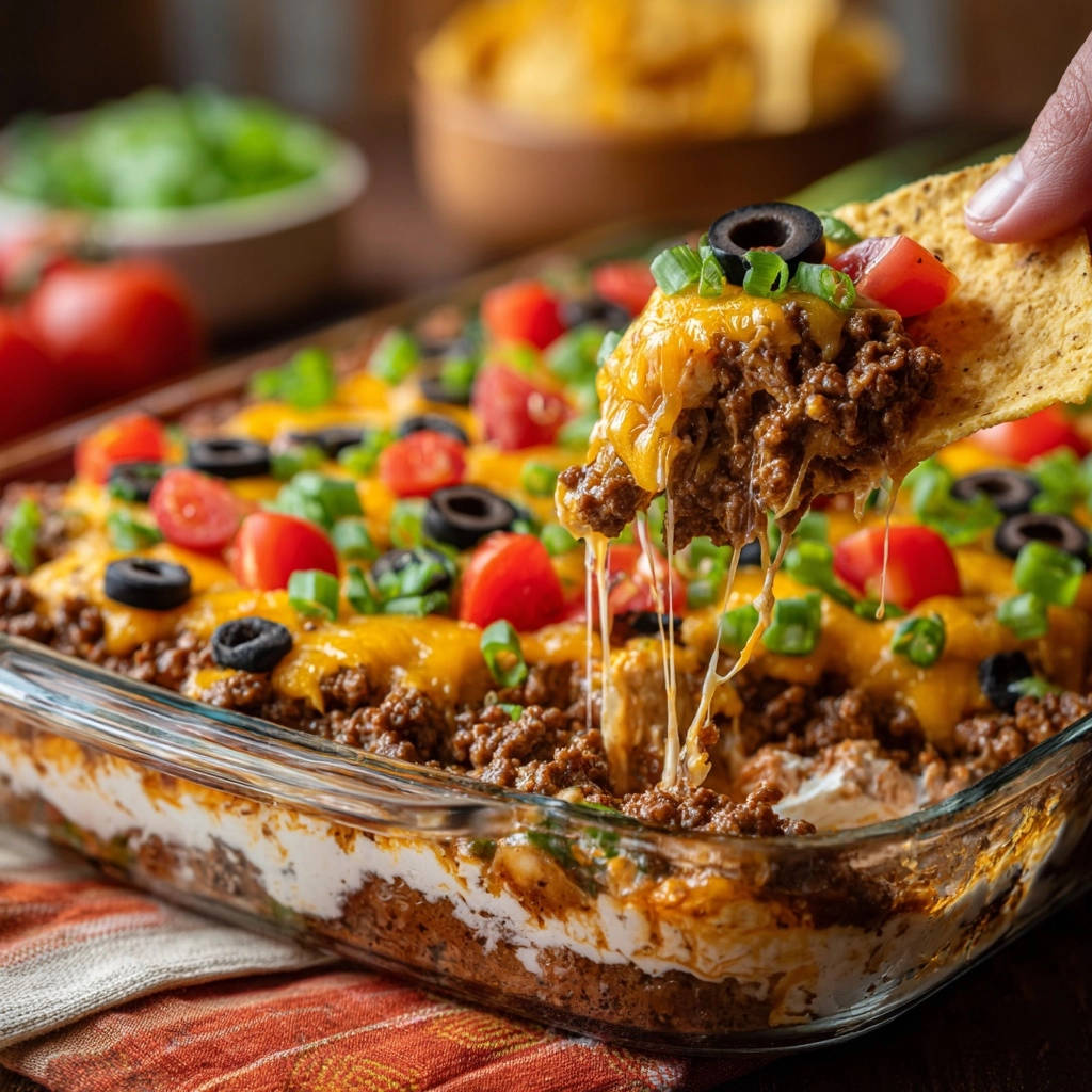 Easy Layered Taco Dip being scooped, showing a gooey cheese pull with toppings.