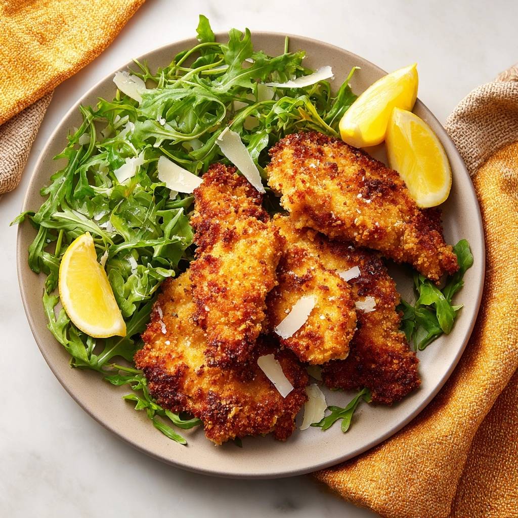 Crispy Lemon Chicken Milanese plated with fresh arugula salad and lemon wedges, featuring a parmesan garnish.