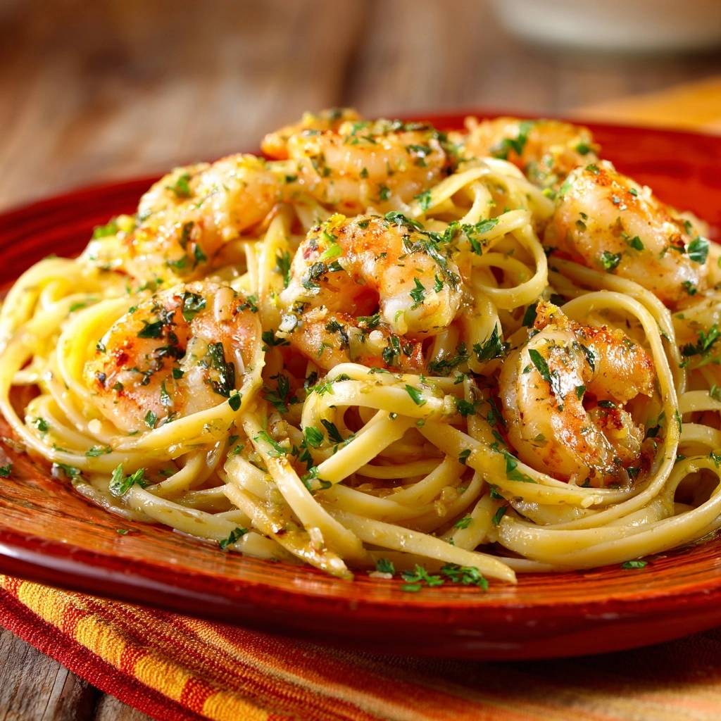 Lemon garlic shrimp linguine with juicy, tender shrimp served on a red plate in a close-up view.