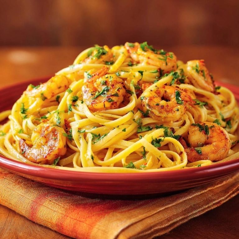 Lemon garlic shrimp linguine with juicy, tender shrimp served on a red plate with a close-up view of the pasta and shrimp.