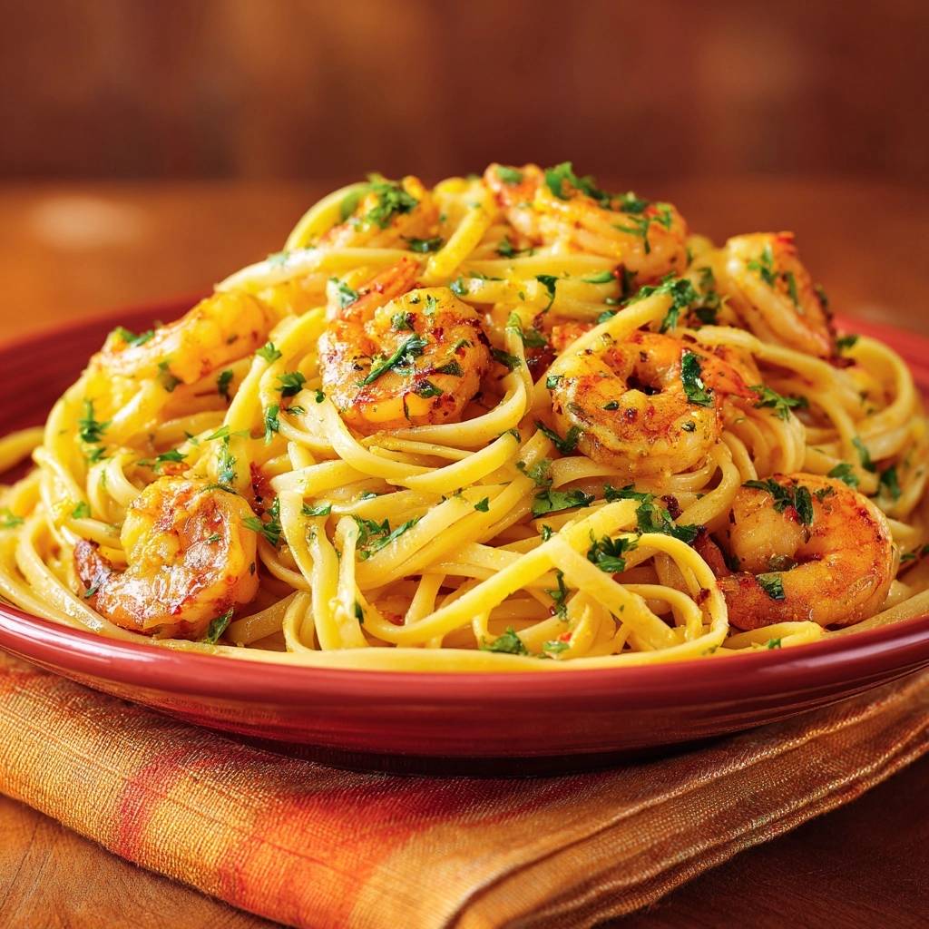Lemon garlic shrimp linguine with juicy, tender shrimp served on a red plate with a close-up view of the pasta and shrimp.