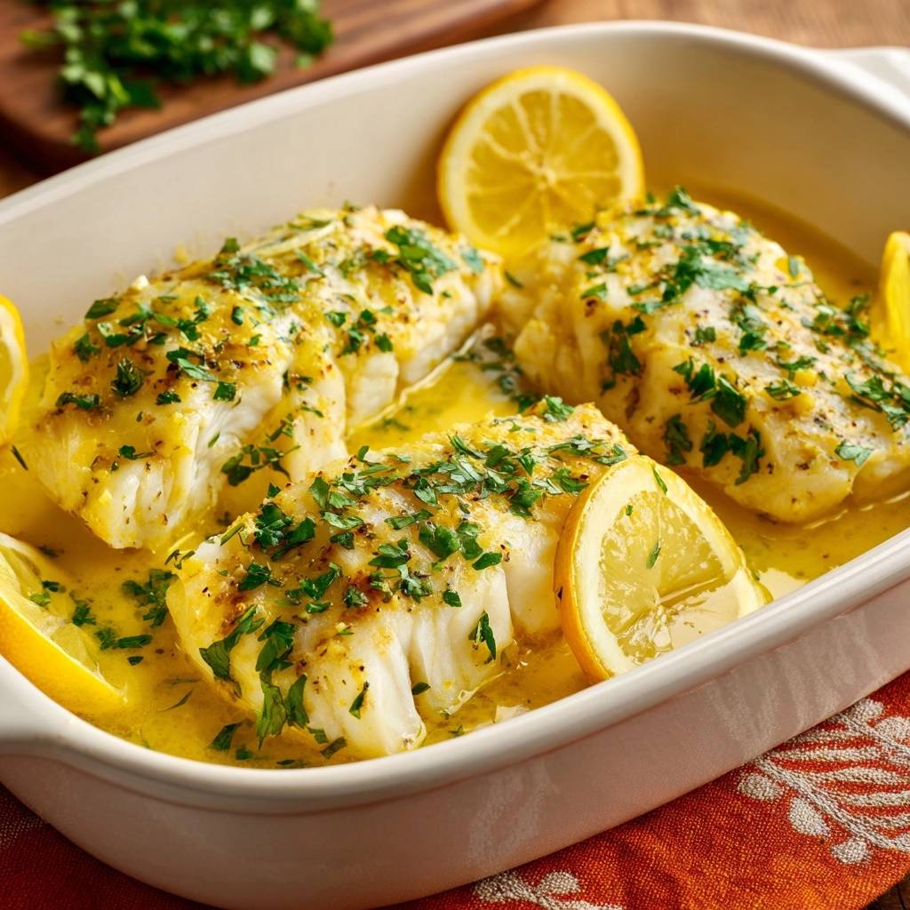 Lemon herb baked fish presented in a white baking dish with lemon slices and fresh parsley garnish.