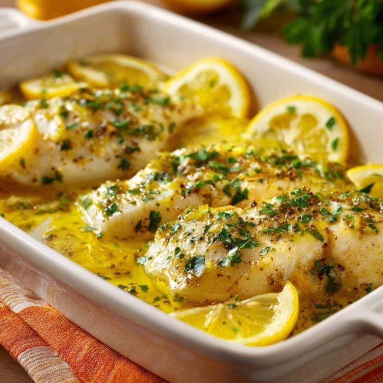 Lemon herb baked fish in a white baking dish, garnished with parsley and lemon slices.