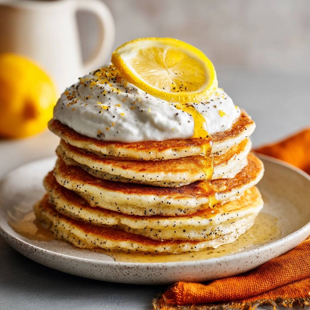 Lemon poppy seed pancakes stacked high, topped with whipped cream, a lemon slice, and drizzled with syrup.