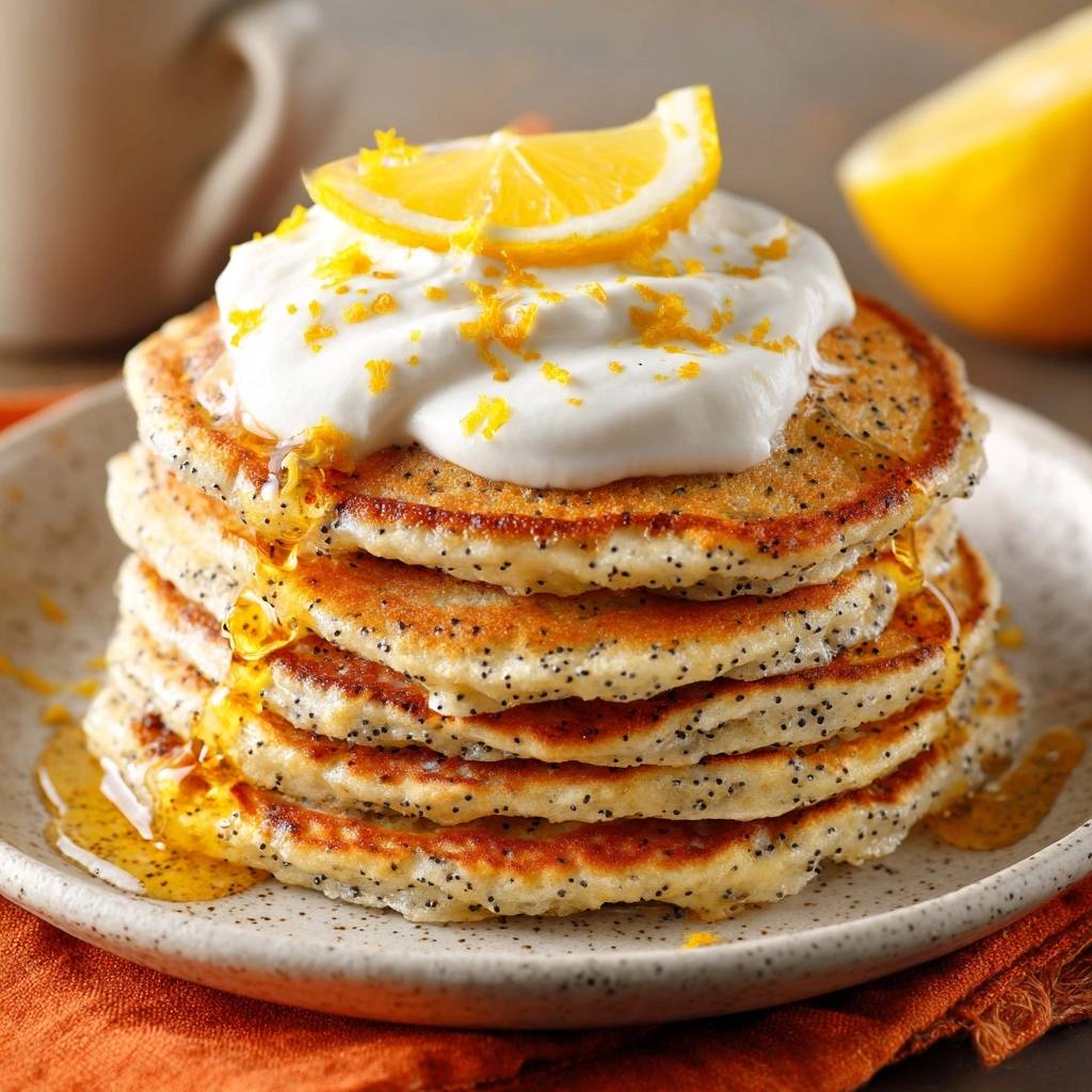 Lemon poppy seed pancakes stacked high, topped with whipped cream, lemon zest, and a lemon slice.