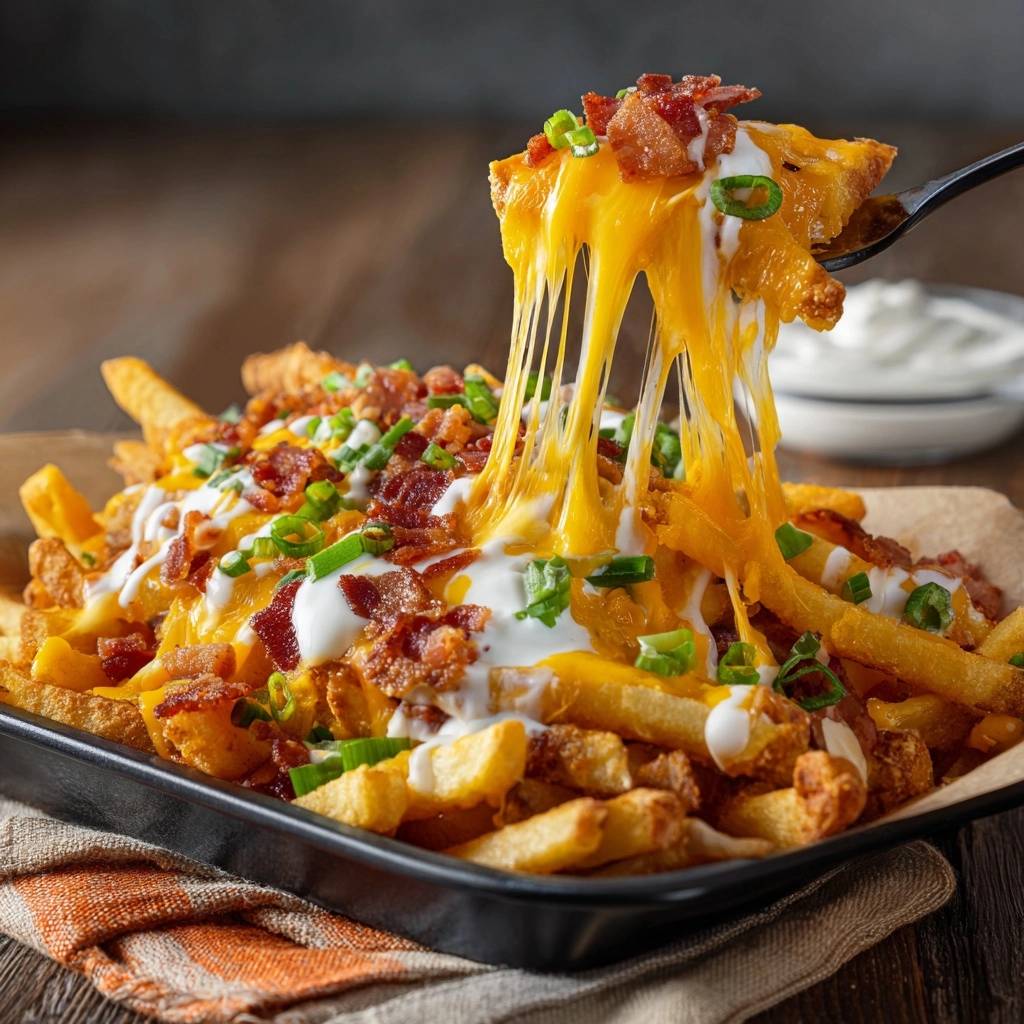 Loaded bacon cheese fries with a dramatic cheese pull, topped with bacon bits and green onions.