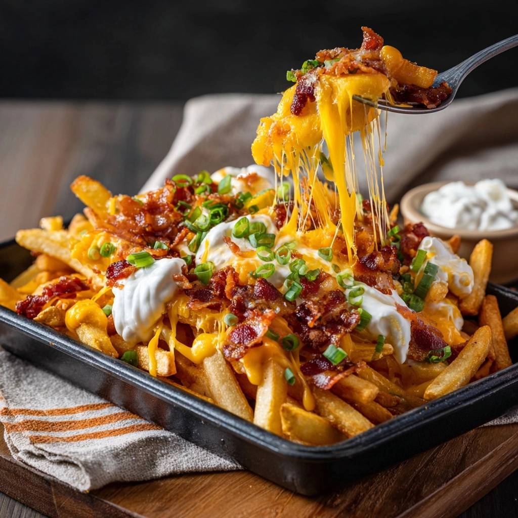 Loaded bacon cheese fries with a fork pulling up cheesy strings, showing crispy fries underneath toppings.