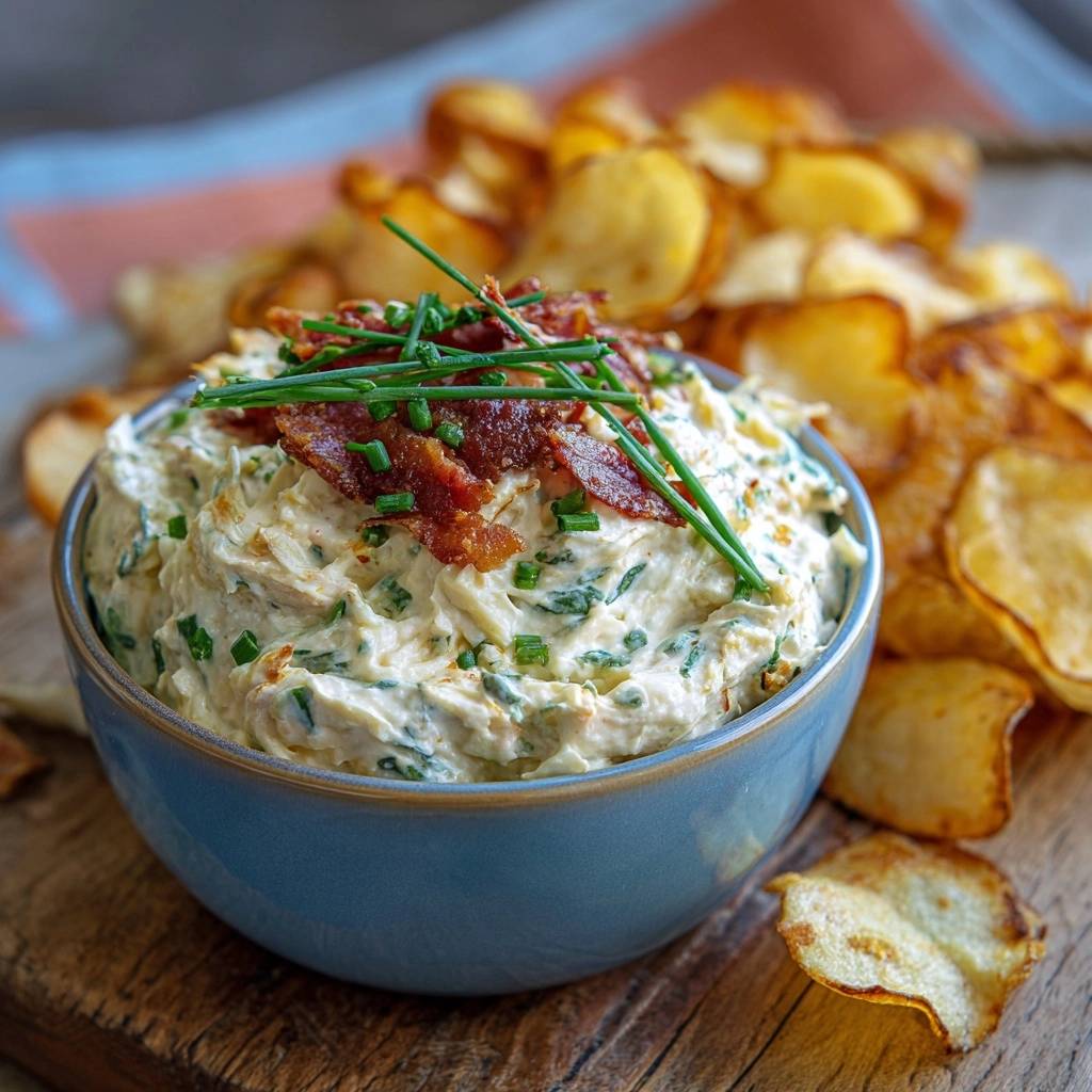 Loaded bacon chive dip in a blue bowl, generously garnished with bacon bits and fresh chives, served with potato chips.
