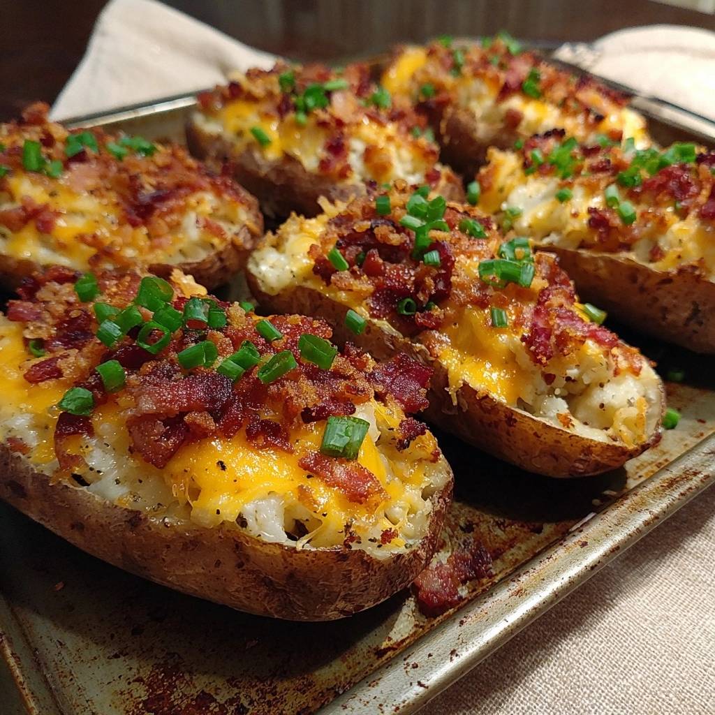 Loaded baked potatoes with ultra-crispy skins, topped with bacon and chives, shown in a close-up view.