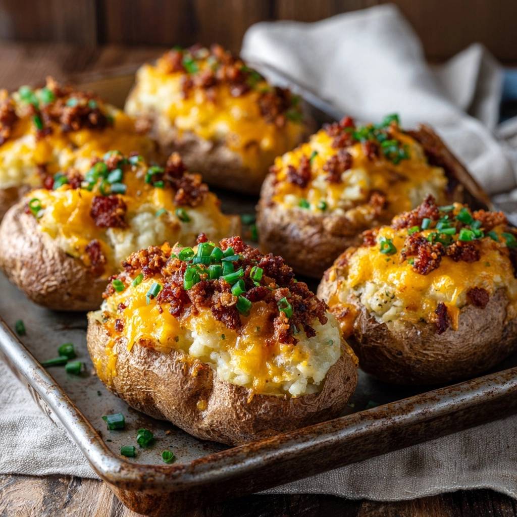 Loaded baked potatoes featuring a generous topping of melted cheddar cheese, crumbled bacon, and fresh chives.
