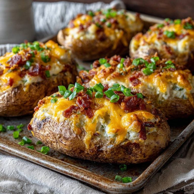 Loaded baked potatoes shown in a close-up view, highlighting the cheesy topping and crispy bacon.