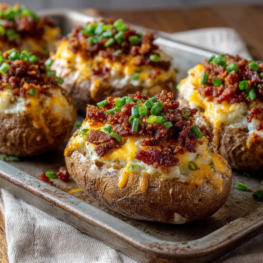 Loaded baked potatoes with a generous topping of cheese, bacon, and chives on a baking sheet.