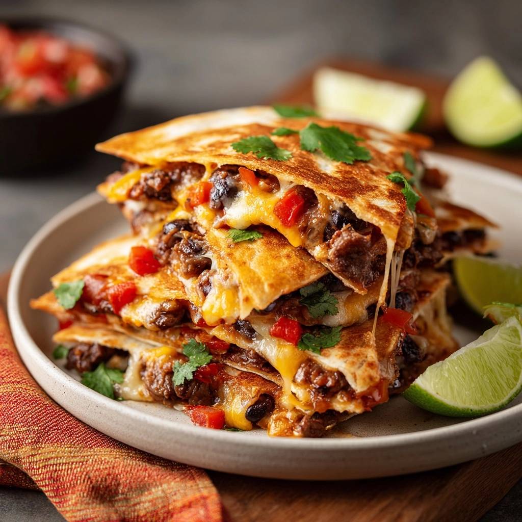 Loaded beef black bean quesadillas with a close-up view of the cheesy, meaty interior and red pepper filling.