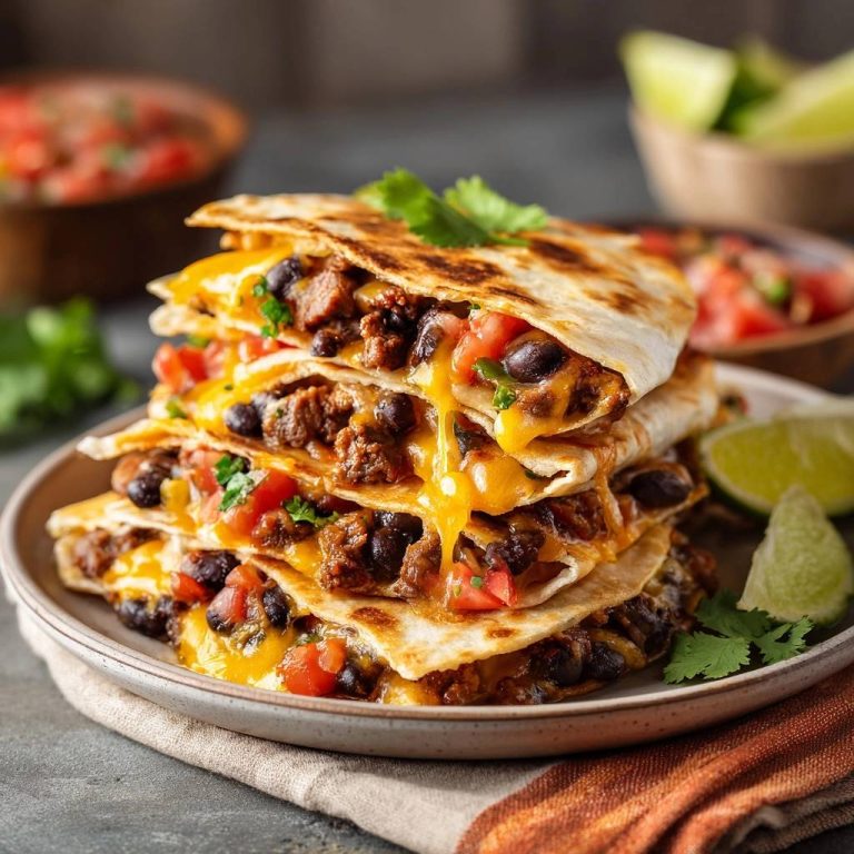 Loaded beef black bean quesadillas stacked high, showcasing gooey melted cheese and hearty fillings.