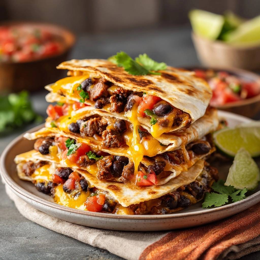 Loaded beef black bean quesadillas stacked high, showcasing gooey melted cheese and hearty fillings.