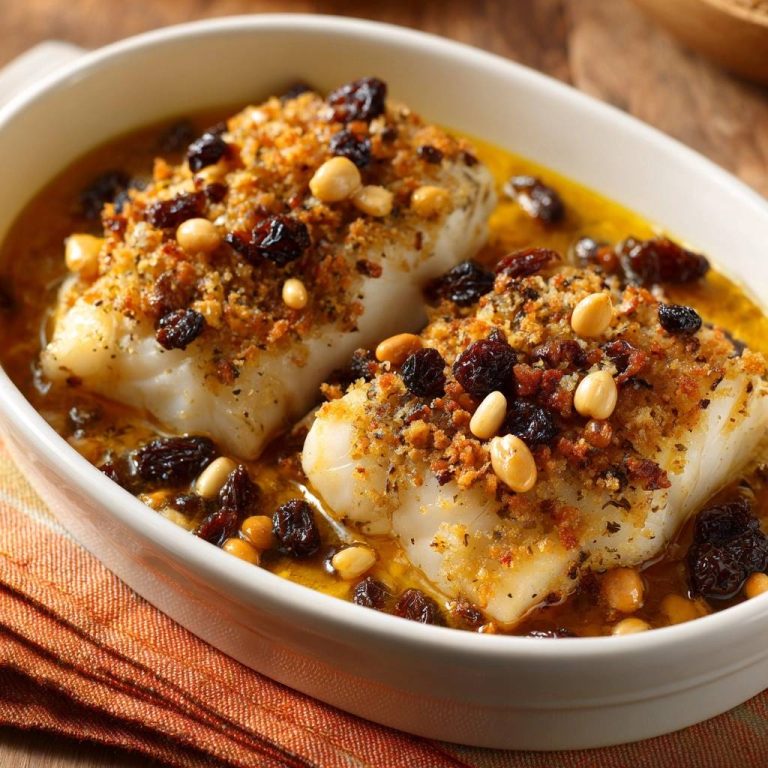 Mediterranean crusted cod with plump raisins and pine nuts baked in a rich sauce.