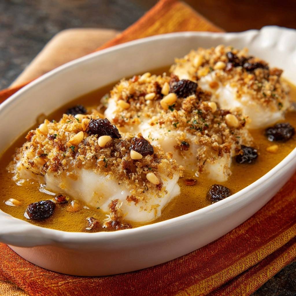 Mediterranean crusted cod with a close-up view of the breadcrumb, pine nut, and raisin topping.