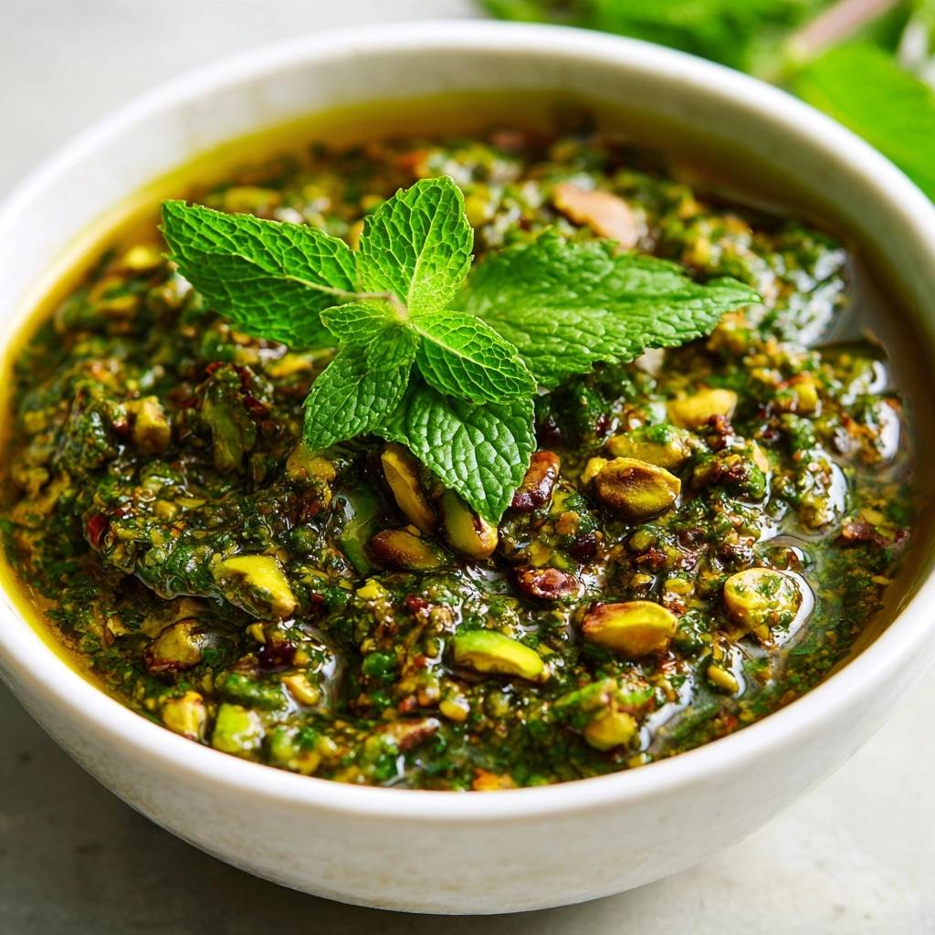 Fresh mint pistachio pesto close-up, featuring a garnish of fresh mint leaves and chopped pistachios.