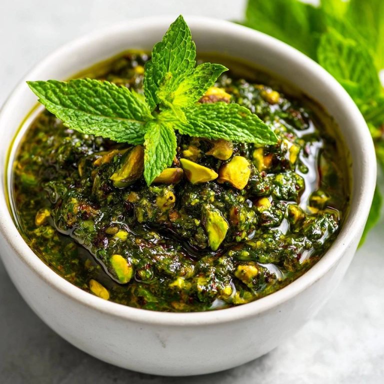 Fresh mint pistachio pesto is shown in a white bowl, garnished with fresh mint leaves and chopped pistachios.