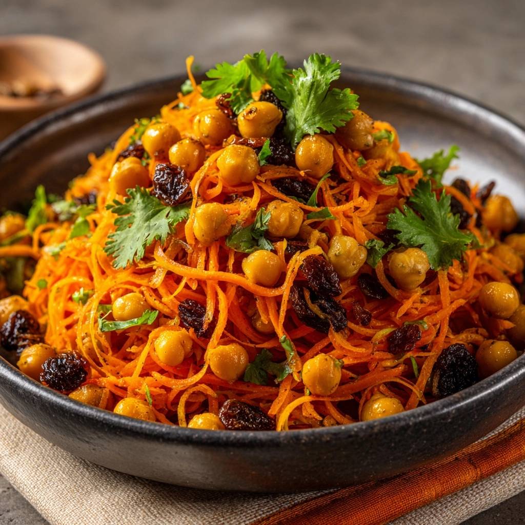 Moroccan carrot chickpea salad with cilantro and raisins in a dark bowl, a close-up view.