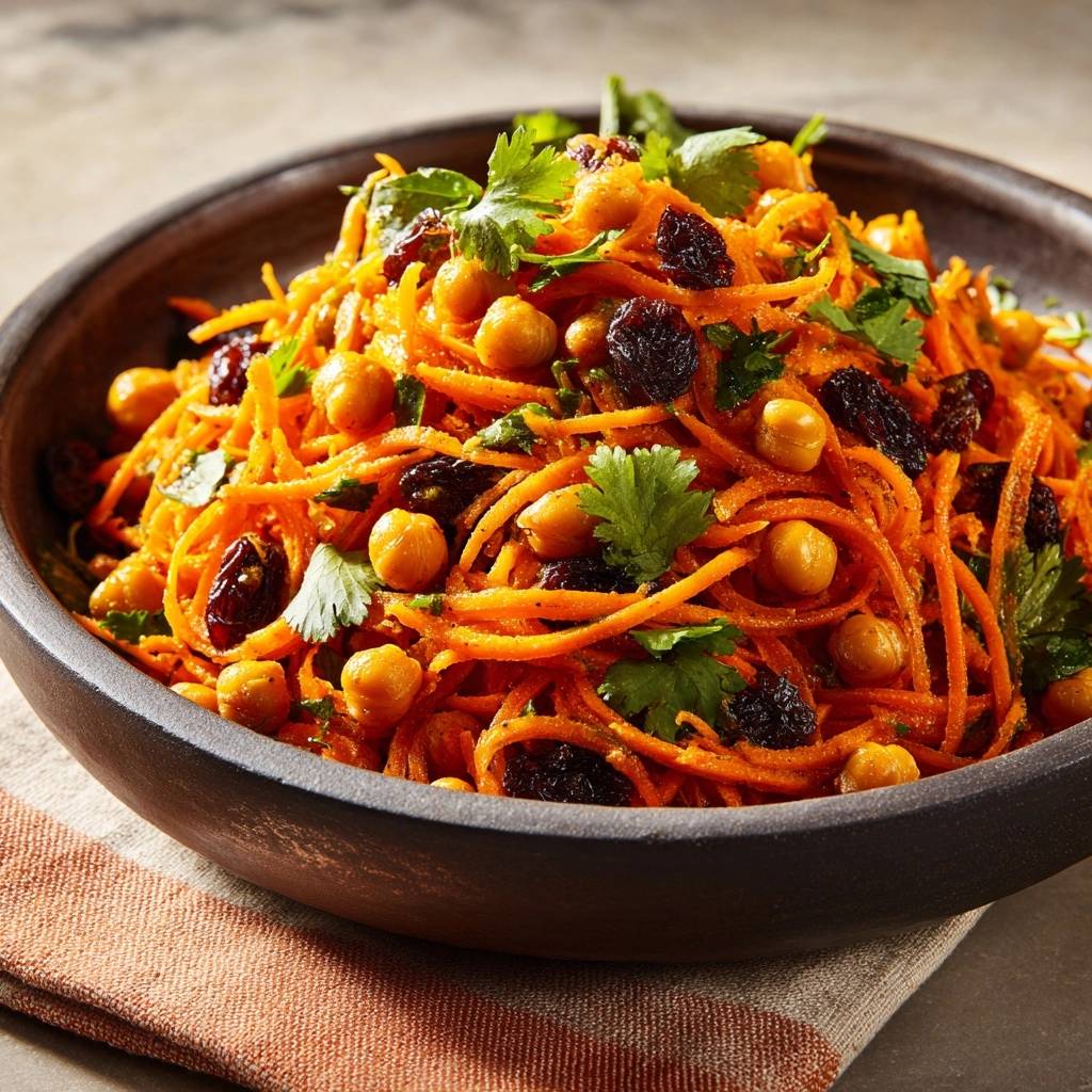 Moroccan carrot chickpea salad with raisins and cilantro, shown in a detailed close-up view within a dark bowl.