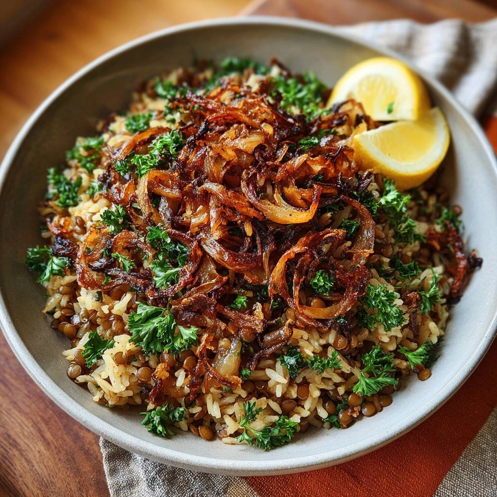 Mujadara with shatteringly crispy onions and parsley, served in a bowl with lemon wedges.