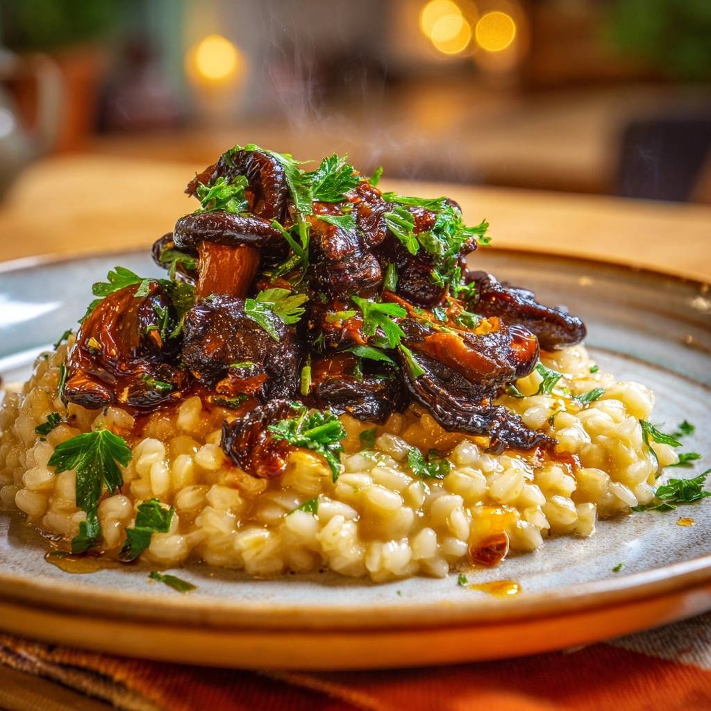 Mushroom barley risotto with seared mushrooms is served plated, garnished with fresh parsley and showing steam rising.