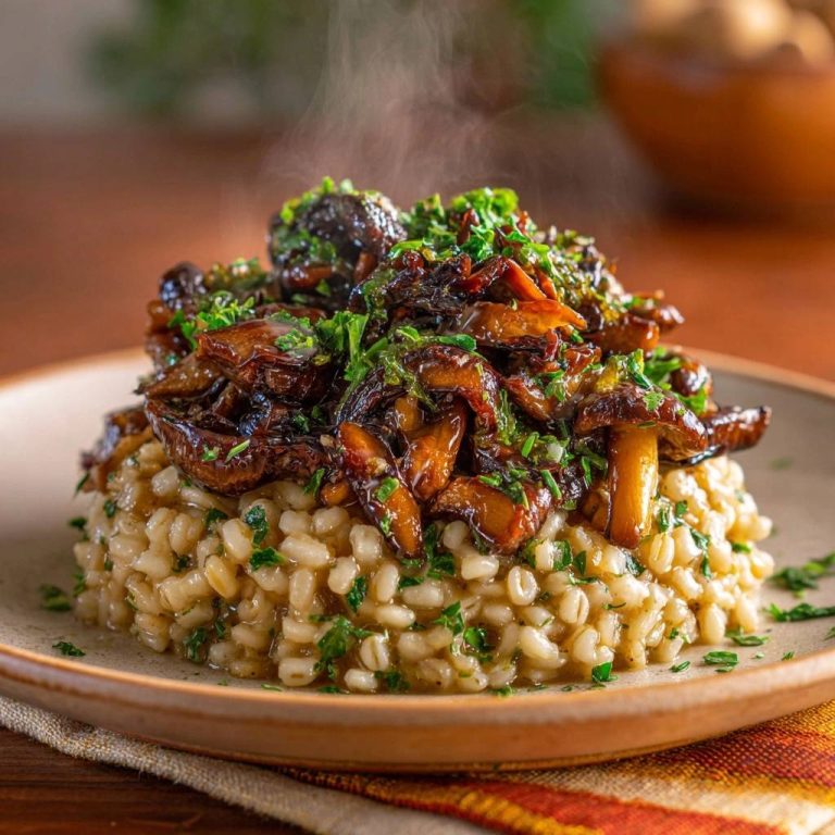 Mushroom barley risotto with crispy browned mushrooms, a steaming pile of mushrooms garnished with herbs on a plate.