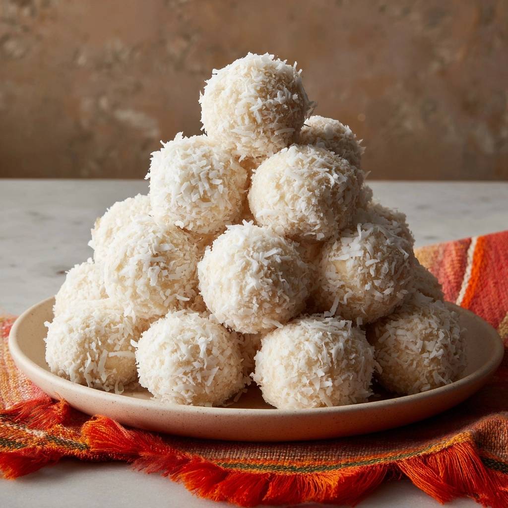No-bake coconut snowballs piled high on a textured plate, showcasing their shredded coconut coating.