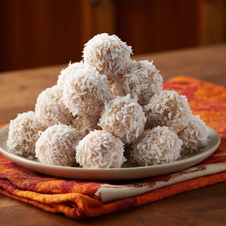 No-bake coconut snowballs piled high on a plate, showcasing their shredded coconut coating.