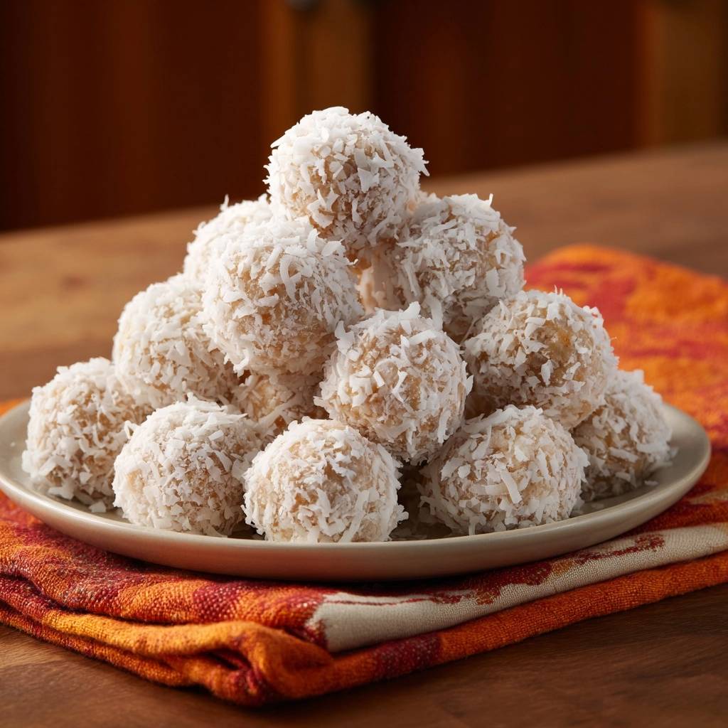 No-bake coconut snowballs piled high on a plate, showcasing their shredded coconut coating.