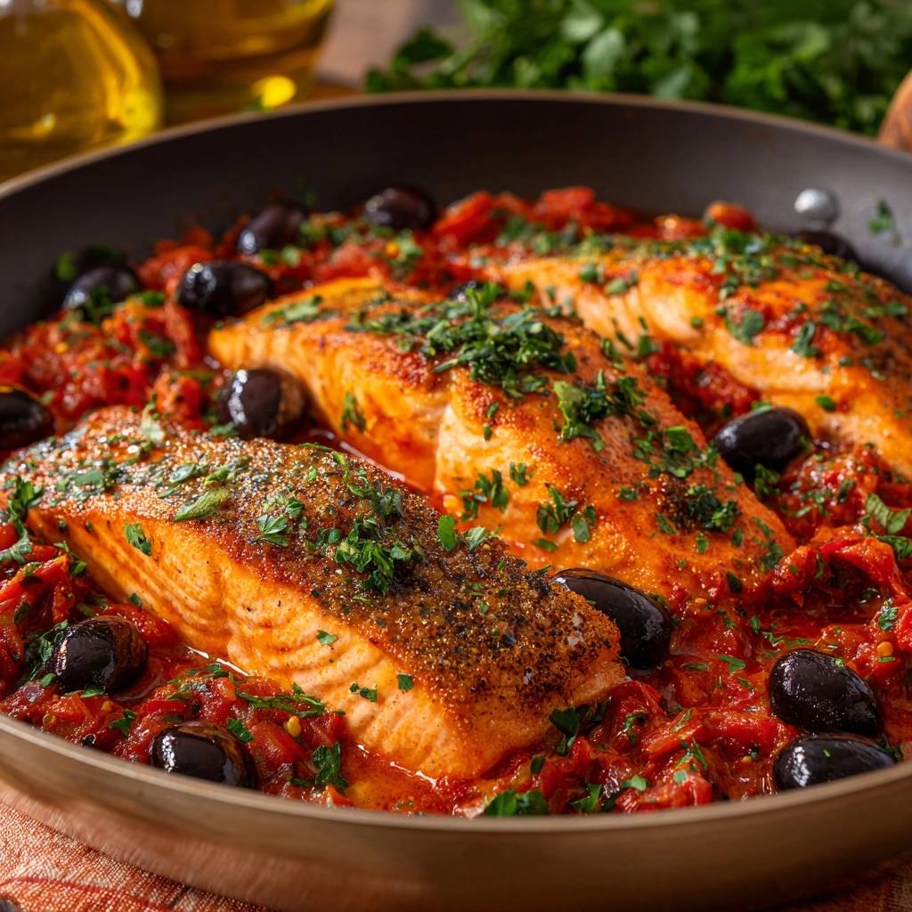 One-pan salmon with tomato and olives served in a skillet, showcasing a close-up view of the rich sauce and flaky fish.