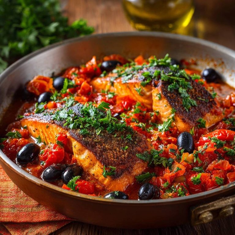 One-pan salmon with tomato and olives, showcasing a close-up view of crispy salmon skin and glistening olives in a skillet.