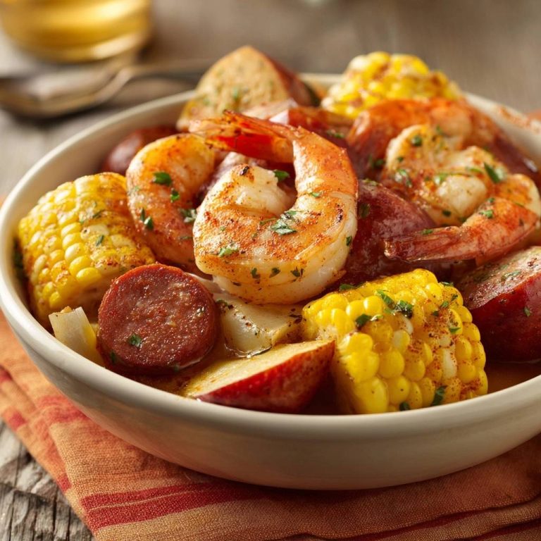One-pot low country boil featuring shrimp, sausage, corn, and potatoes in a bowl, close-up view.
