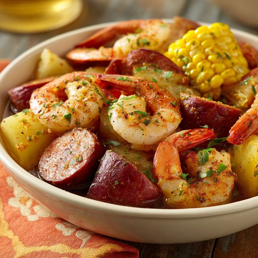 One-Pot Low Country Boil served in a white bowl, featuring shrimp, sausage, corn, and potatoes in a close-up view.