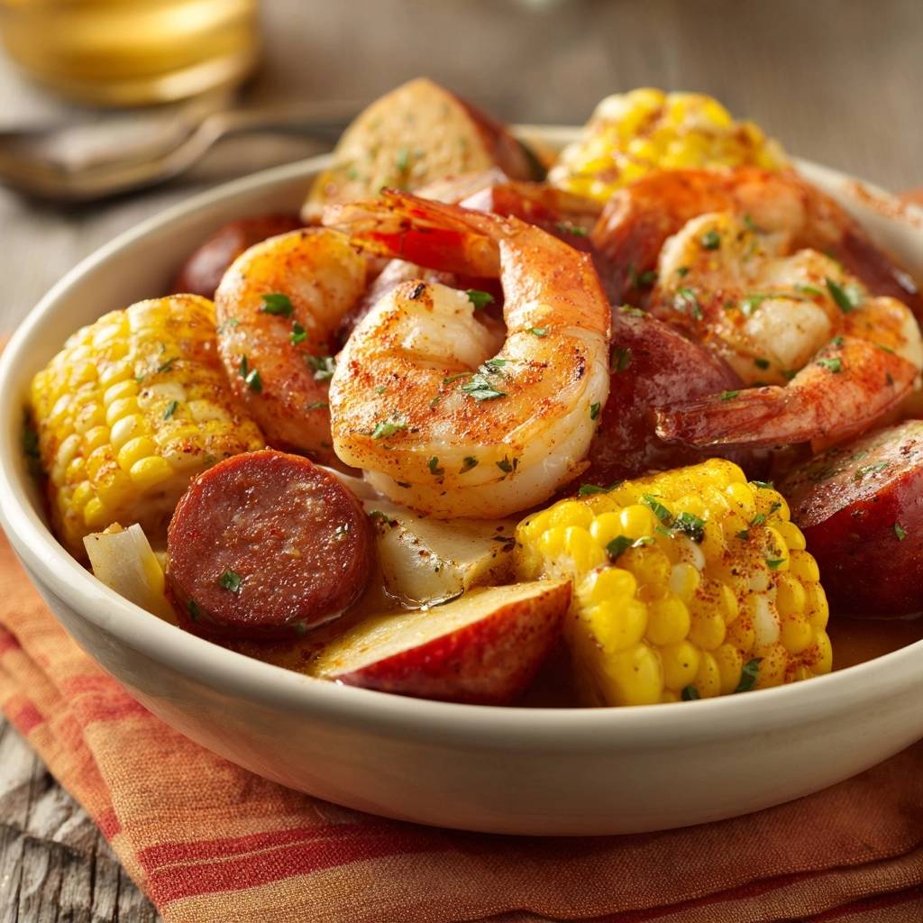 One-pot low country boil featuring shrimp, sausage, corn, and potatoes in a bowl, close-up view.