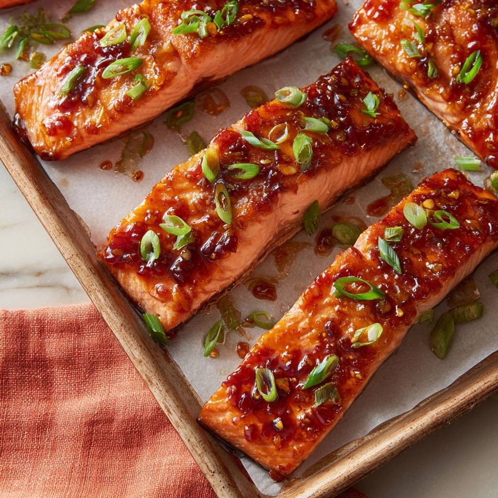 Orange glazed salmon with a glossy caramelised glaze and fresh scallion garnish, shown in a close-up detail.