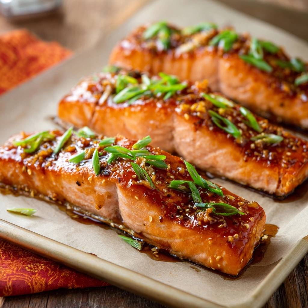 Orange glazed salmon fillets with a glistening glaze and fresh green onion garnish, presented on parchment paper.
